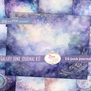 May include: A collection of 16 junk journal pages with a purple galaxy theme. The watercolor designs feature swirling clouds, stars, and decorative elements. The text on the image reads "Purple Galaxy Junk Journal Kit" and ".jpg and PDF included!"