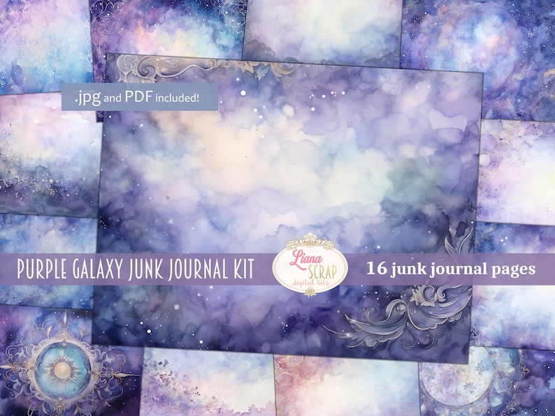 May include: A collection of 16 junk journal pages with a purple galaxy theme. The watercolor designs feature swirling clouds, stars, and decorative elements. The text on the image reads "Purple Galaxy Junk Journal Kit" and ".jpg and PDF included!"