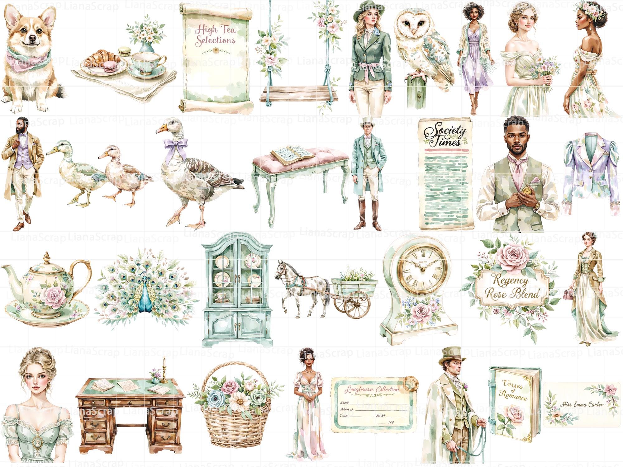 Regency Era Clipart Set, Austen Charm, Floral Graphics (PNG) - Etsy