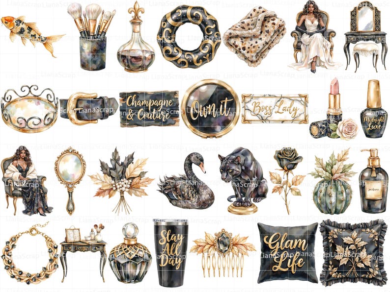 Glamour in Black Clipart, Gold & Cream Fashion Graphics (PNG) image 3