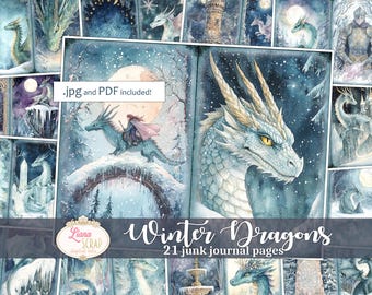 May include: A digital collage of 21 printable pages featuring watercolor illustrations of dragons in a wintery setting. The pages are designed for use in junk journals. The text "Winter Dragons 21 junk journal pages" is included in the image.