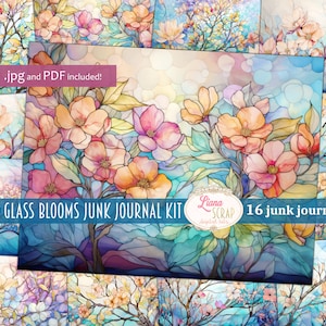 Vitral Blooms Junk Journal, papel de fundo básico, papel digital, imprimível, diário de vitral, papel vintage, fundo de flor