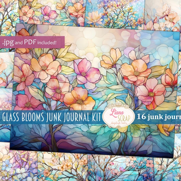 Stained Glass Blooms Junk Journal, basic background paper, digital paper, printable, stained glass journal, vintage paper, flower background