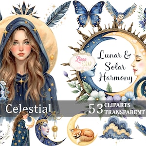 Clipart céleste ensemble lune déesse astrologie art numérique sorcière graphiques - 53 images