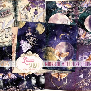 May include: A collection of digital junk journal pages with a celestial and botanical theme. The pages feature watercolor illustrations of moths, moons, stars, and floral elements in shades of purple, gold, and navy blue. The kit includes 14 pages.