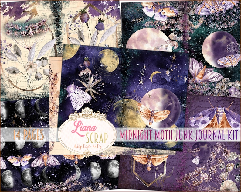 May include: A collection of digital junk journal pages with a celestial and botanical theme. The pages feature watercolor illustrations of moths, moons, stars, and floral elements in shades of purple, gold, and navy blue. The kit includes 14 pages.