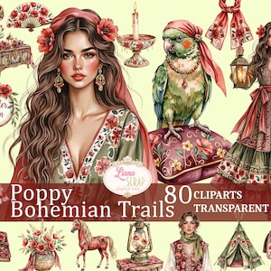 Images Clipart Poppy Boho Trails 80 - fille florale, autocollants PNG, art numérique, éléments de planification, scrapbooking, design bohème