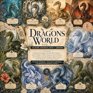 Puede incluir: Un collage digital titulado Dragons World Vol. 1 que presenta diez ilustraciones de dragones distintas, incluyendo dragones submarinos, de ruinas, del desierto, de brasas, de bosque, de escarcha, de selva, de luna, de tormenta y de pantano con texto.