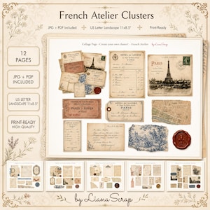 Puede incluir: Una hoja de collage digital titulada "French Atelier Clusters" con efímeras vintage. El diseño incluye postales, recibos, mapas y elementos decorativos con temática parisina. La hoja es de tamaño US Letter, 27,9 x 21,6 cm, y lista para imprimir.