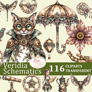 May include: Watercolor steampunk-themed clip art set featuring a cat with goggles, gears, and an umbrella. Includes a hot air balloon, gears, a flower, and the text "Veridia Schematics" and "116 Cliparts Transparent PNG".