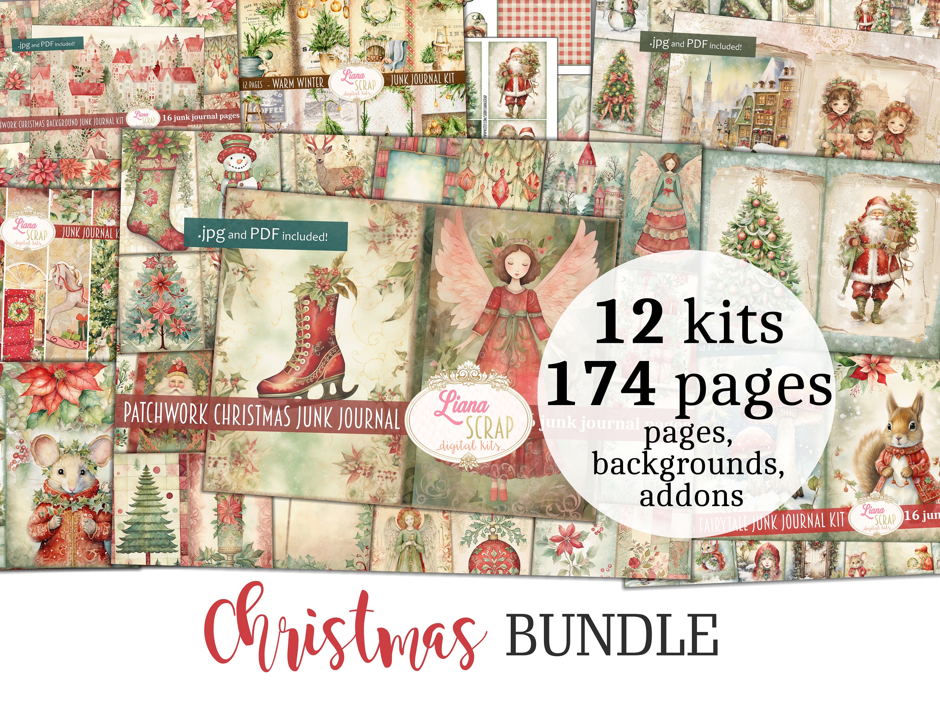 Printable Christmas Junk Journal Kit Winter Themed Journaling Supplies  Vintage Xmas Ephemera Tags Cards Pages Digital Scrapbook Papers 