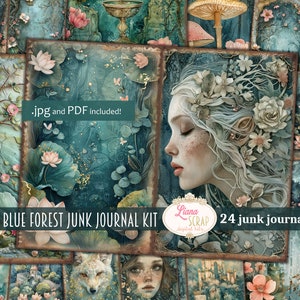 Blue Forest Junk Journal Digital Kit Printable, Enchanted Forest Printable Collage Sheet, Junk Journal Paper, Fantasy Woods