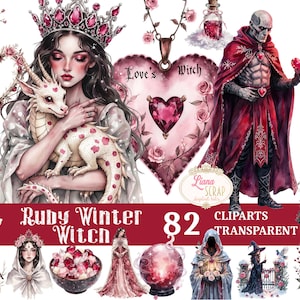 May include: Digital clipart set with a fantasy theme, featuring a ruby winter witch. The set includes illustrations of a woman with a dragon, a male figure, hearts, roses, and other mystical elements. The text "Ruby Winter Witch" is displayed.