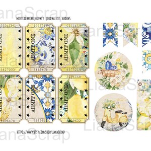 May include: A set of digital printable scrapbook paper featuring a Mediterranean theme with lemons, flowers, and blue and white tile patterns. The paper includes tickets, banners, and circles.