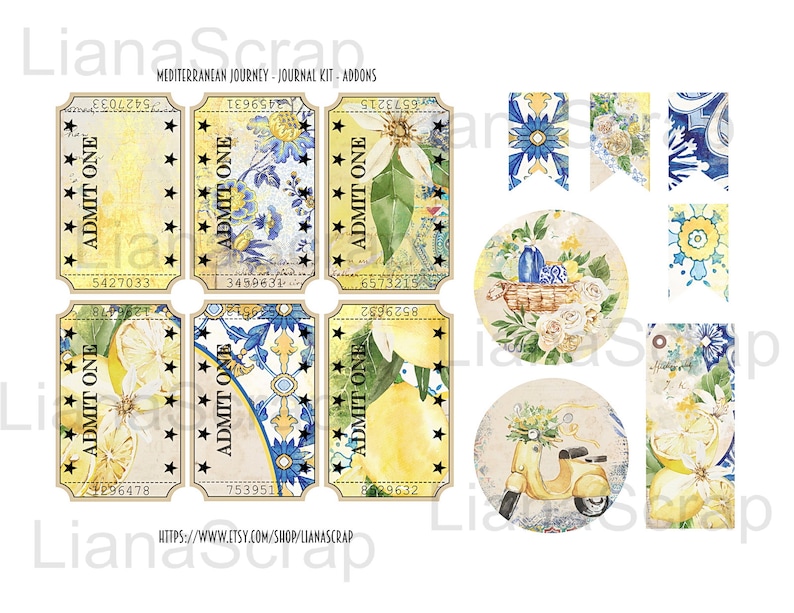 May include: A set of digital printable scrapbook paper featuring a Mediterranean theme with lemons, flowers, and blue and white tile patterns. The paper includes tickets, banners, and circles.