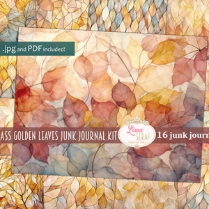 Vitral Golden Leaves Junk Journal, papel de fundo básico, papel digital, imprimível, diário de vitral, fundo de outono