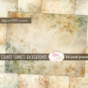 Fond de journal numérique indésirable Sonnets taché de thé, collage floral imprimable, journal numérique botanique indésirable, papier de remplissage pour journal