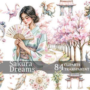Ensemble de cliparts Sakura Dreams 84, art japonais PNG, dessins floraux, planificateur numérique, autocollants, mariage de printemps, travaux manuels, esthétique asiatique, fleurs de cerisier