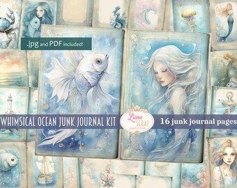 Whimsical Mermaid Junk Journal Kit, Ocean Collage (PDF)
