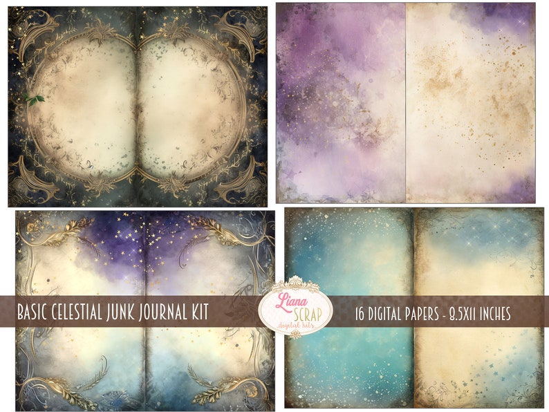 May include: A digital junk journal kit with 16 celestial themed papers. The papers feature a variety of colors, including blue, purple, and gold. The papers are 8.5 inches by 11 inches.
