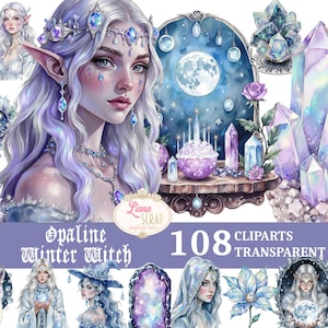 May include: Digital art bundle featuring an Opaline Winter Witch theme. The artwork includes a portrait of a woman with long, lavender hair and crystal accents, along with various cliparts of crystals, a moonlit scene, and other fantasy elements. The text reads "108 Cliparts Transparent PNG."