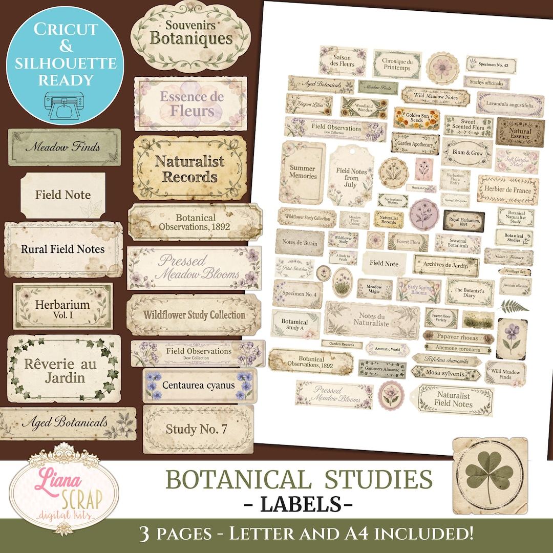 Botanical Studies Labels, Vintage Herbarium Journal Labels, Printable ...