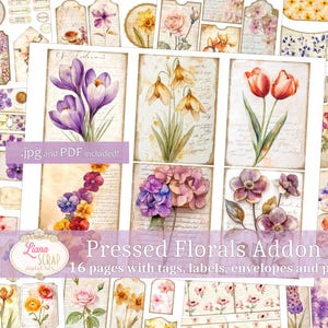 Complemento de flores prensadas - Kit de complemento de diário vintage Junk, etiquetas, rótulos, envelopes e bolsos - Download digital (JPG e PDF) Ephemera