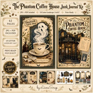 以下が含まれることがあります： The Phantom Coffee House Junk Journal Kitには、USレター横向きサイズ27.94x21.59cmの61ページが含まれています。コーヒーカップから立ち上る幽霊、暗いカフェの店構え、様々なエフェメラのヴィンテージ風イラストが特徴です。