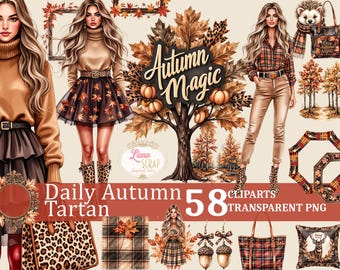 Conjunto de Clipart de Outono – Xadrez Tartan, Elementos de Outono em Aquarela (PNG)