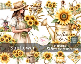 Op de afbeelding: Een set van 64 digitale clipart-afbeeldingen met zonnebloemen, een vrouw met een strohoed, een gieter, een windmolen, een mand, een quilt en een taart. De afbeeldingen zijn in aquarelstijl en hebben een rustieke, boerderij-achtige uitstraling. De tekst "Sunflower love" staat op de gieter.