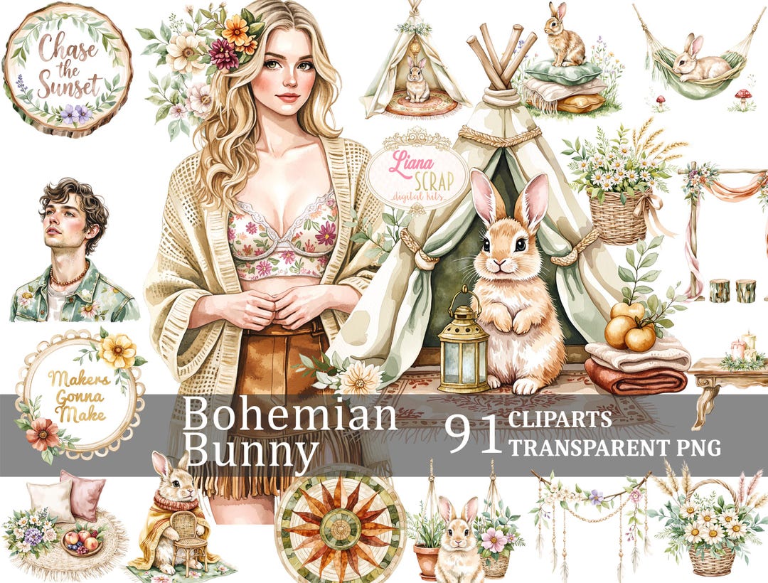 Watercolor Bunny Clipart Set – Bohemian Floral PNG Graphics (digital ...
