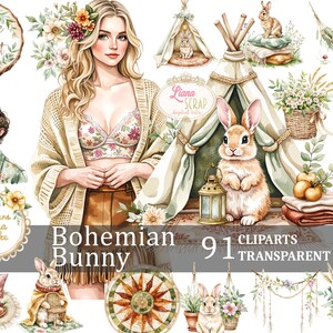 Boho Bunny 91 digitale clipartset - aquarel konijntjes, bloemen PNG, boho-graphics voor ontwerp, plannerstickers