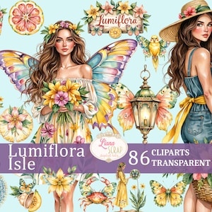 Lumiflora Isle 86 Clipart Set - fleurs tropicales, papillons, sirènes - agendas numériques, scrapbooking, PNG transparent, jardin enchanté