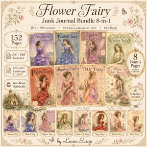 Może przedstawiać: Zestaw ośmiu okładek na junk journal z ilustracjami wróżek, w tym "Anemone Fairy" i "Bluebell Fairy". Zestaw zawiera 152 strony, pliki JPG i PDF oraz format US Letter w orientacji poziomej (27,9 x 21,6 cm).