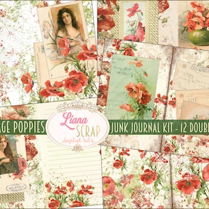Kit digital de diário de lixo de papoilas vintage para impressão, folhas de colagem digital floral, papel de diário de lixo
