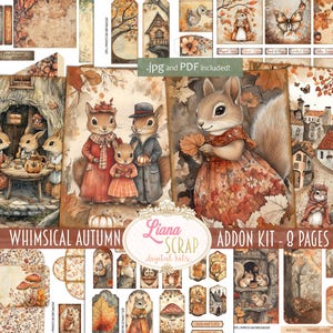 Kit de complément lunatique automne numérique indésirable journal, collage automne imprimable, éphémères en papier de la famille des écureuils des bois, coupes difficiles