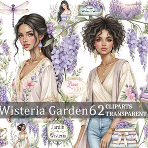 藤の庭のクリップアート - 花柄の女性のイラスト - 藤のデジタルアート - 春のデザイン要素 - 62 枚の画像