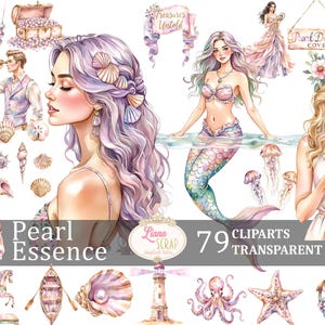 Pearl Essence 79 Clipart Bilder - Aquarell Meerestiere, Meerjungfrauen, Küstenelemente, transparente PNG für digitale Kunst, Planer