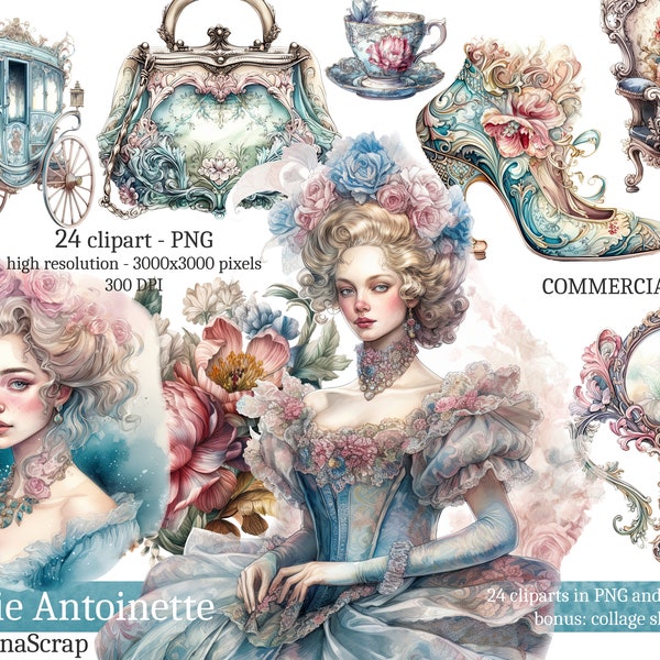 Marie Antoinette Clipart PNG Set, 24 vintage fashion clipart, commercial use clip art, watercolor art, PNG Marie Antoinette illustrations