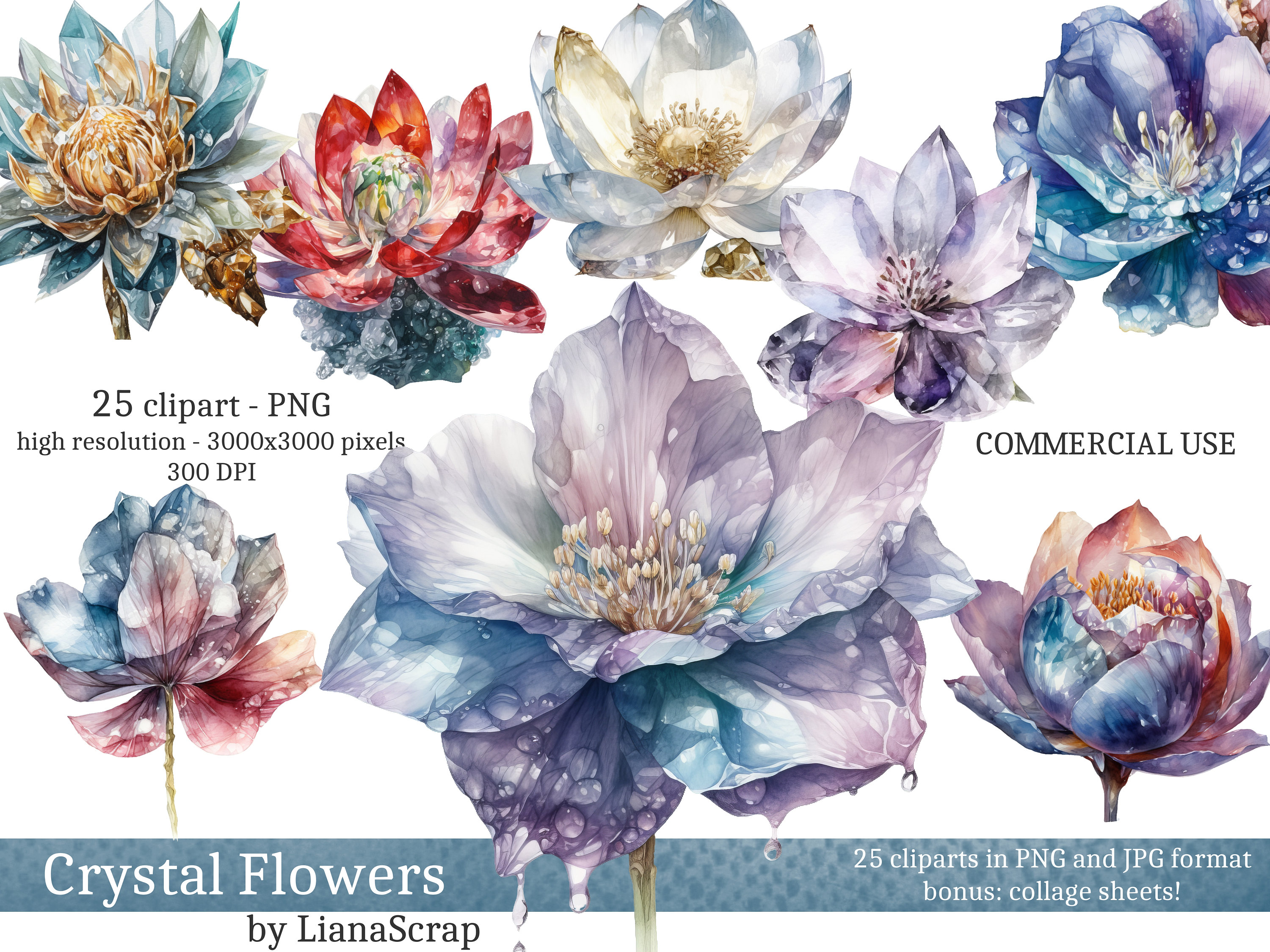 Crystal Flowers Clipart PNG Set, 25 Crystal Flowers Clipart, Commercial Use  Clip Art, Floral Watercolor Art, PNG Crystal Theme Illustrations 