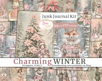 Könnte beinhalten: Ein digitales Collage-Set mit 16 Papieren zum Thema Winter. Die Papiere zeigen Illustrationen eines Fuchses, eines Schneemanns, eines Mädchens, eines Baumes und eines Hauses. Die Papiere sind 21,6 cm x 27,9 cm groß. Der Text "Junk Journal Kit" und "Charming Winter" ist im Bild enthalten.