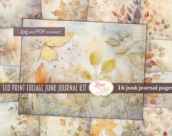 Eco Print Foliage Junk Journal Paper, Leaves Collage (PDF)