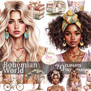 Boho World 70 digitale clipart - transparante PNG, boho bloemenkunst, dieren, vrouwen, scrapbooking, ontwerpelementen, planner digitale sticker