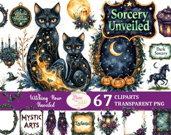 May include: Digital clipart set featuring a mystical theme. Includes illustrations of black cats with golden accents, pumpkins, a crescent moon, stars, and the text "Sorcery Unveiled". Also includes frames, lanterns, and a horse.