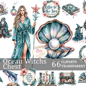 Ocean Hexentruhe 66 Clipart-Bilder Transparente PNG Ocean Hexe Digital Planner Aufkleber Aquarell Illustrationen, Sommer Perle, Fantasie