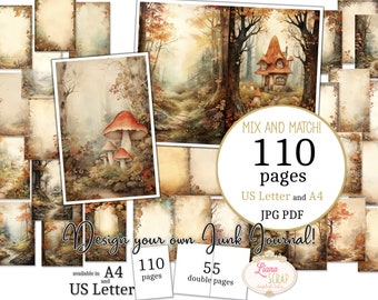 May include: A digital collage sheet with 110 pages of images in a woodland theme. The images include a forest path, a small cottage, and mushrooms. The text "Mix and Match! 110 pages US Letter and A4 JPG PDF Design your own Junk Journal!" is included in the image. The text "available in A4 and US Letter 110 pages 55 double pages" is also included in the image.