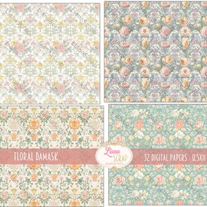 May include: A set of 32 digital papers featuring floral damask patterns in shades of pink, yellow, blue, and green. The papers are 9.5 inches by 11 inches.