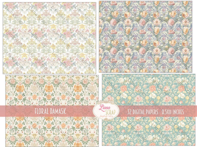 May include: A set of 32 digital papers featuring floral damask patterns in shades of pink, yellow, blue, and green. The papers are 9.5 inches by 11 inches.