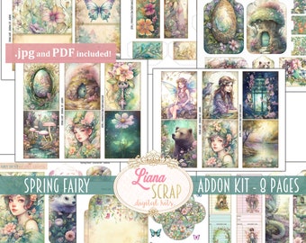 May include: A digital scrapbook kit with nine pages featuring illustrations of fairies, flowers, a bear, a bird, a lantern, a house, and a key. The kit is titled "Spring Fairy Addon Kit - 9 Pages" and includes the text "Liana Scrap digital kits".