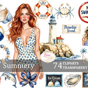 Zomerse 74 digitale clipartset - strandleven, zomer PNG, tropische illustraties, transparante achtergrond, plannerstickers, mode